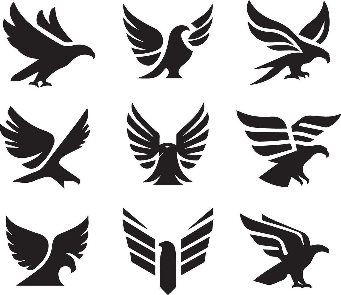 nero silhouette solido vettore impostato di icone piace, aquila, uccello, falco, falco, aquilone falco, aquila emblema e così Su.