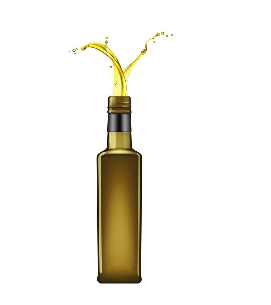 oliva olio bottiglia con schizzi, versare oliva olio vettore