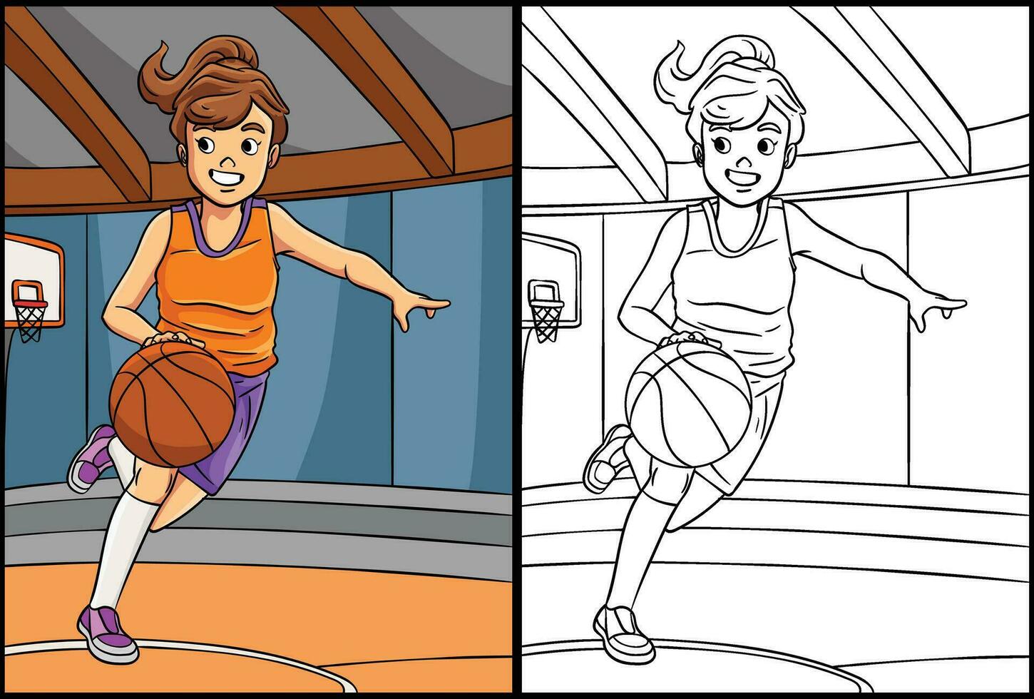 pallacanestro ragazza dribbling colorazione illustrazione vettore