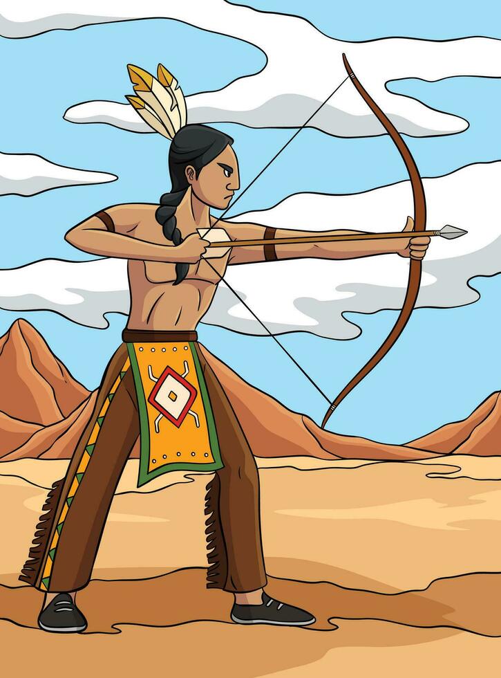 nativo americano indiano con arco freccia colorato vettore