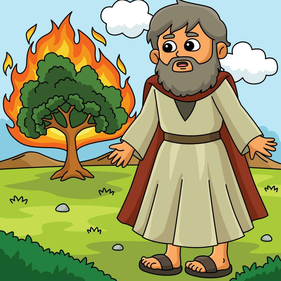 cristiano Mosé e ardente cespuglio colorato cartone animato vettore