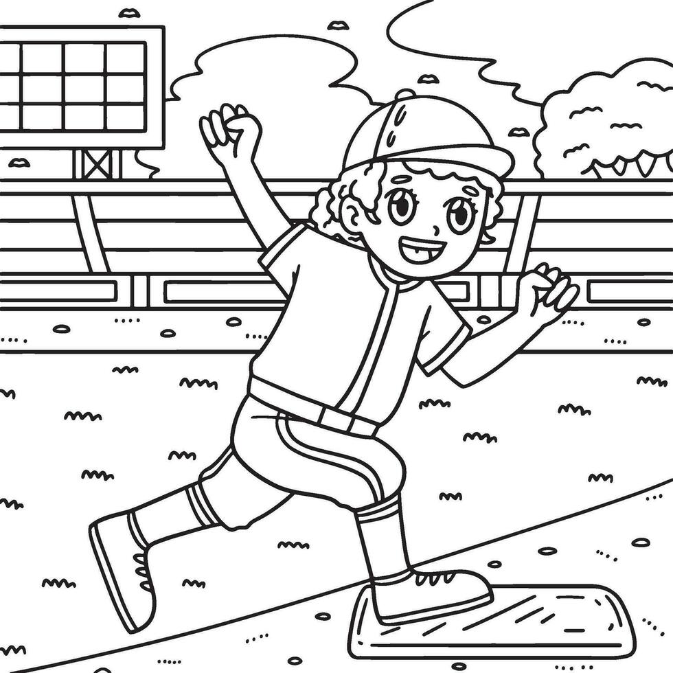 baseball ragazza raggiungendo base colorazione pagina per bambini vettore