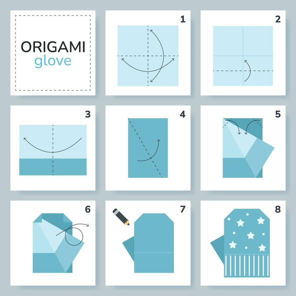 guanto origami schema lezione in movimento modello. origami per bambini. passo di passo Come per rendere un' carino origami guanto. vettore illustrazione.