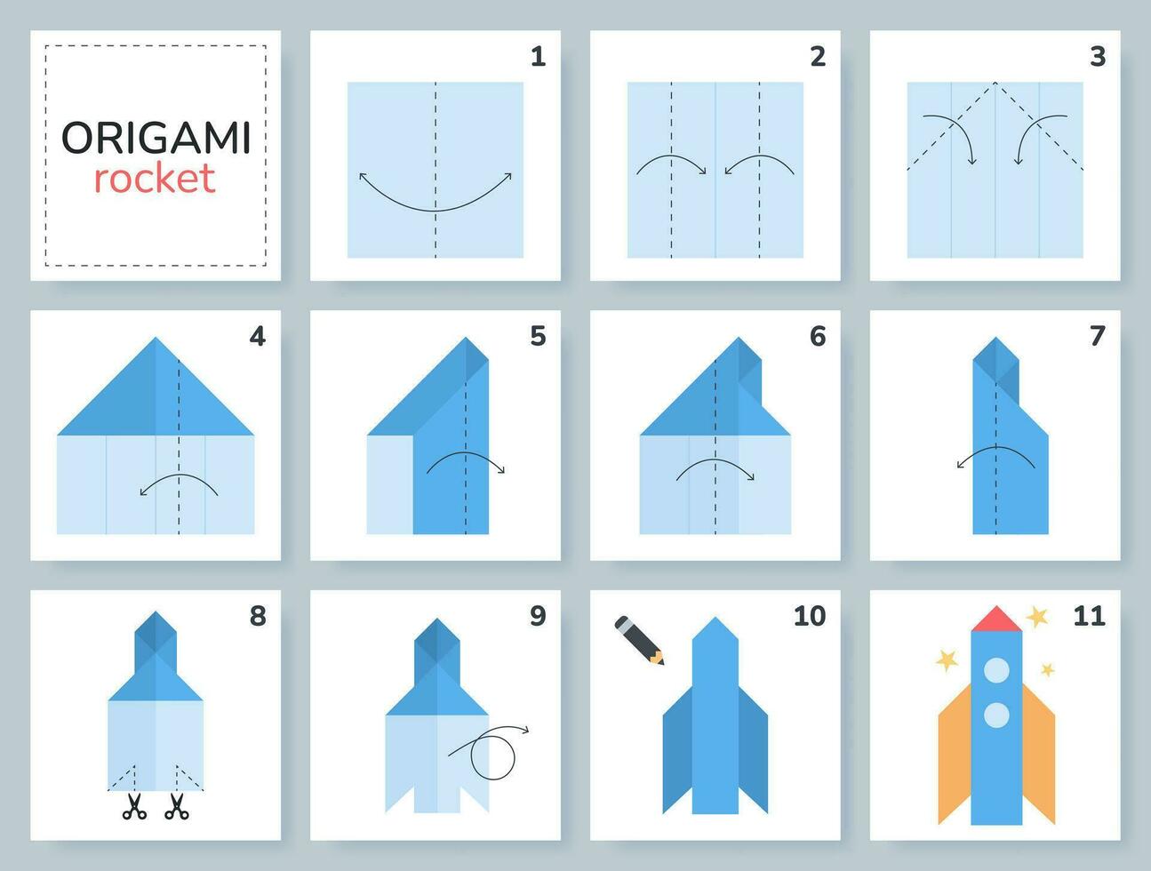 razzo origami schema lezione in movimento modello. origami per bambini. passo di passo Come per rendere origami trasporto. vettore illustrazione.