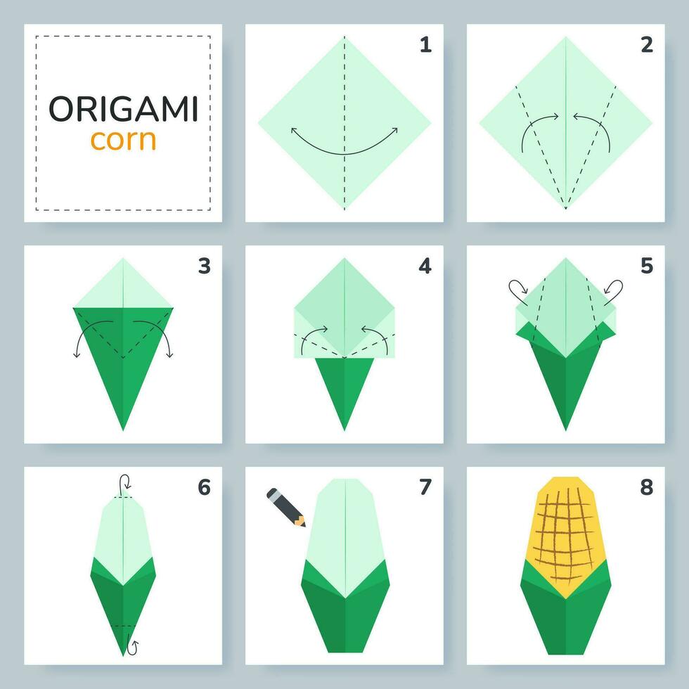 Mais origami schema lezione in movimento modello. origami per bambini. passo di passo Come per rendere un' carino origami verdura. vettore illustrazione.