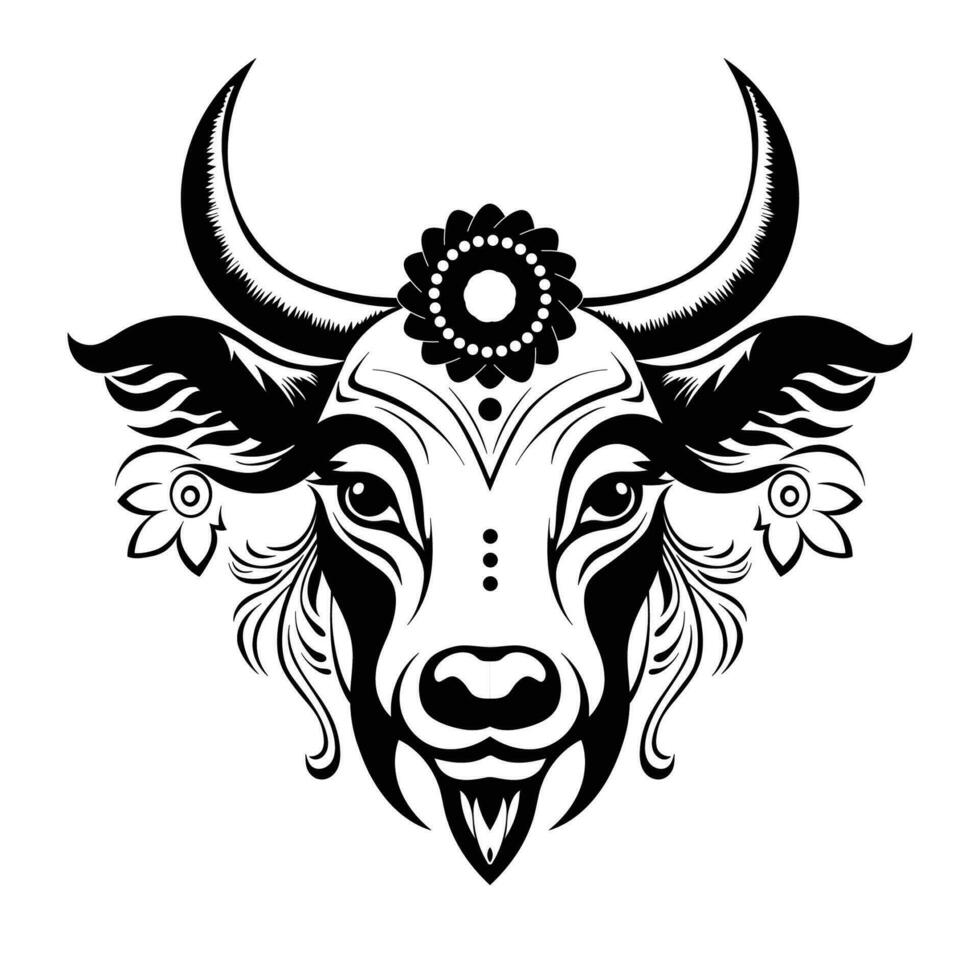 mucca testa con fiori. vettore illustrazione per tatuaggio o t camicia design.