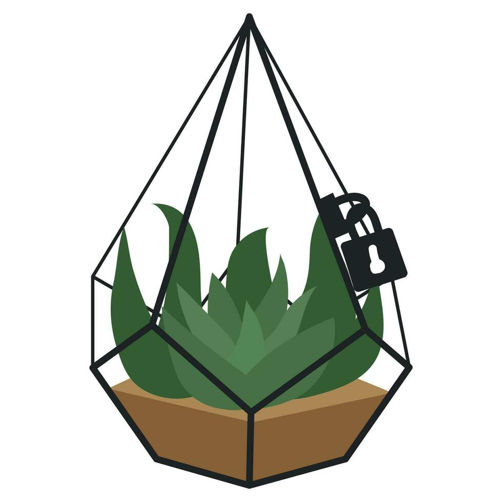 vettore illustrazione con un' bicchiere dodecaedro di un' florarium evidenziato su un' bianca sfondo. scarlatto nel un' geometrico fiore pentola nel un' piatto stile. pianta nel un' gabbia con un' chiuso serratura, bicchiere gabbia