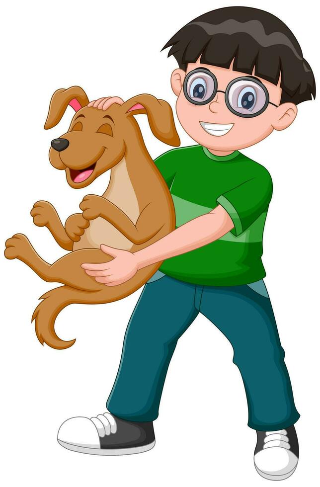 contento ragazzo Tenere cane cartone animato. vettore illustrazione