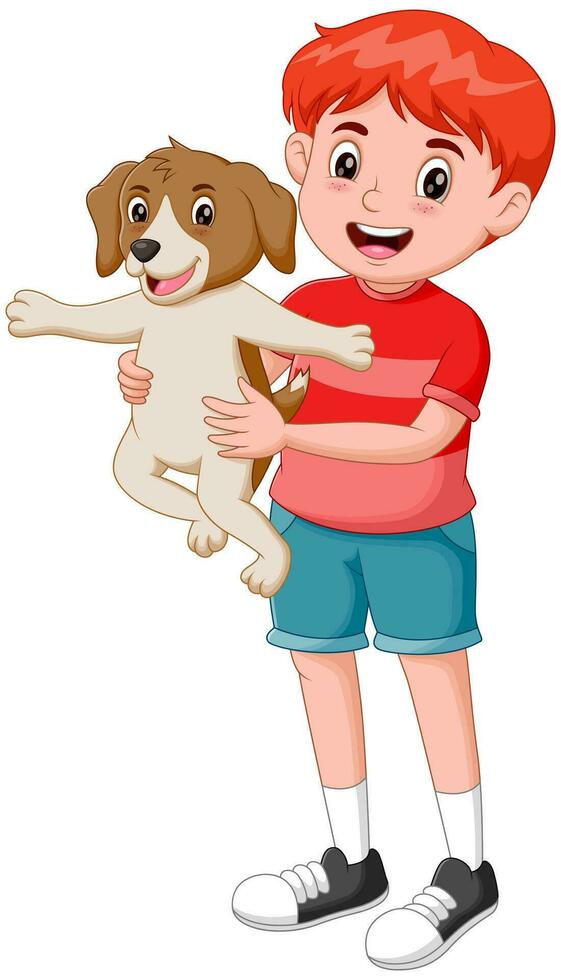 carino contento ragazzo e cucciolo. vettore illustrazione