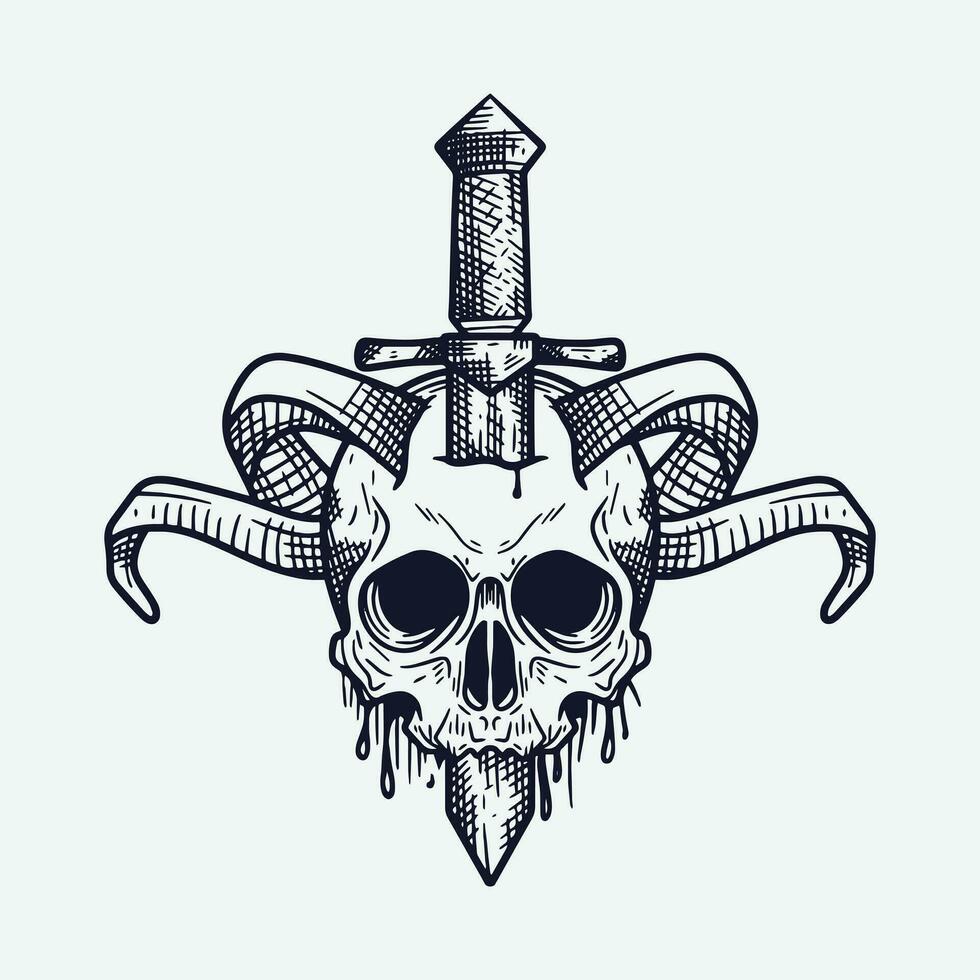 Vintage ▾ logo design di cornuto cranio testa con spada vettore