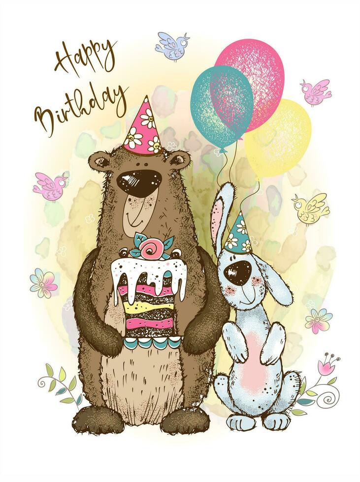 un' compleanno carta. carino orsacchiotto orso e coniglietto con palloncini e torta. vettore. vettore