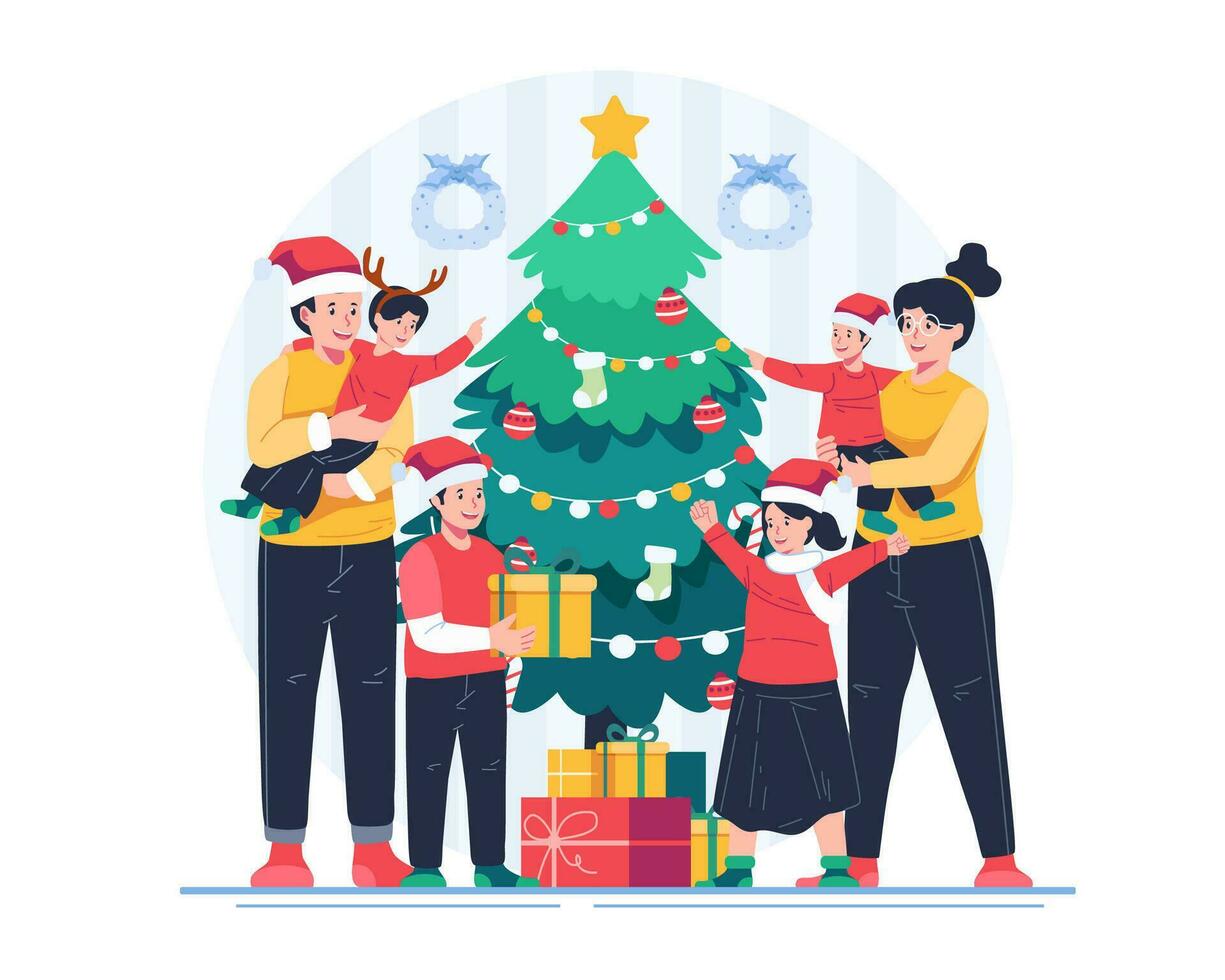 contento famiglia festeggiare Natale con un' Natale albero e i regali. allegro Natale e contento nuovo anno concetto illustrazione vettore