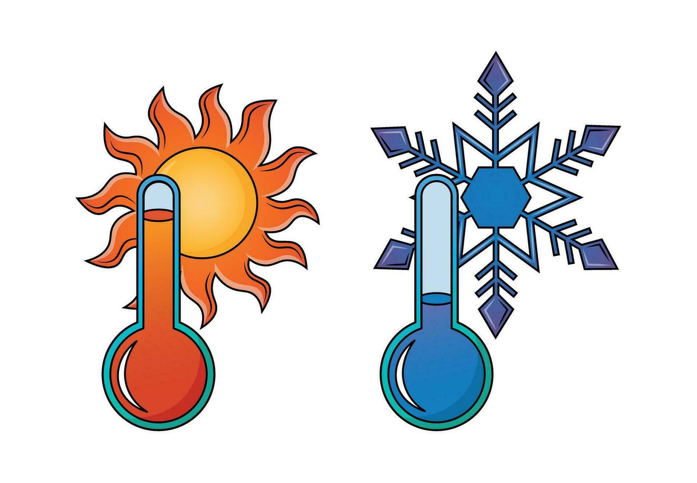 caldo e freddo temperatura termometro icone con sole e fiocco di neve vettore