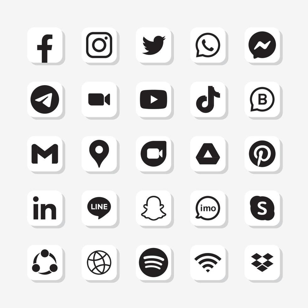 set di logo monocromatico dei social media su sfondo quadrato bianco vettore
