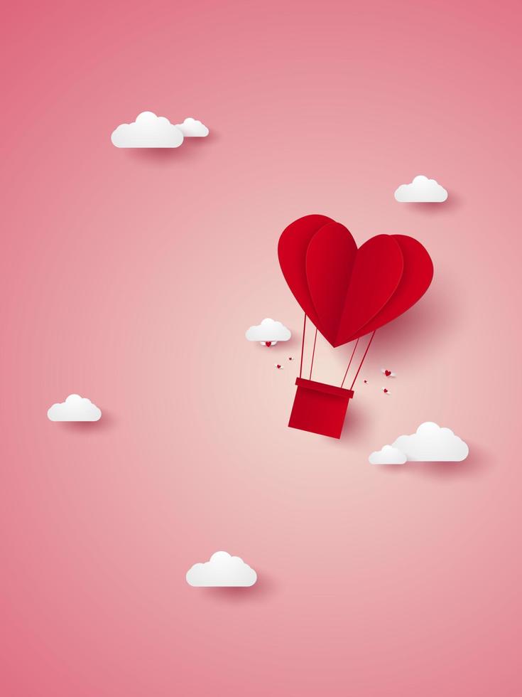 giorno di san valentino, illustrazione dell'amore, mongolfiera a cuore rosso che vola nel cielo, stile di arte della carta vettore