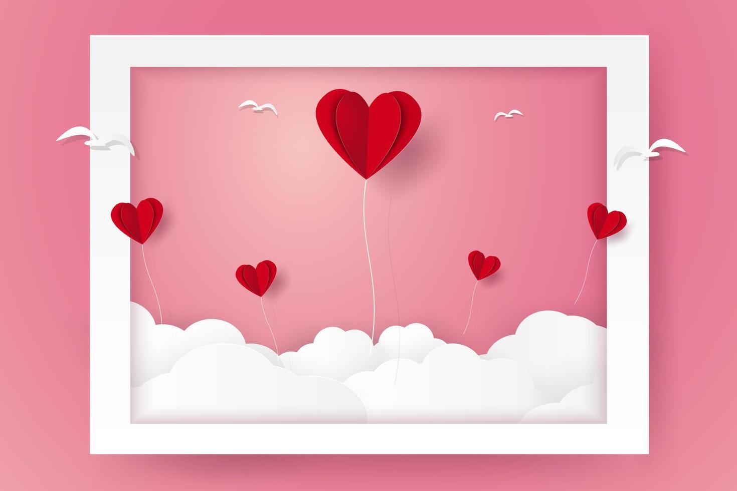 giorno di san valentino, illustrazione dell'amore, palloncini a cuore e uccelli che volano fuori dalla cornice, stile cartaceo vettore