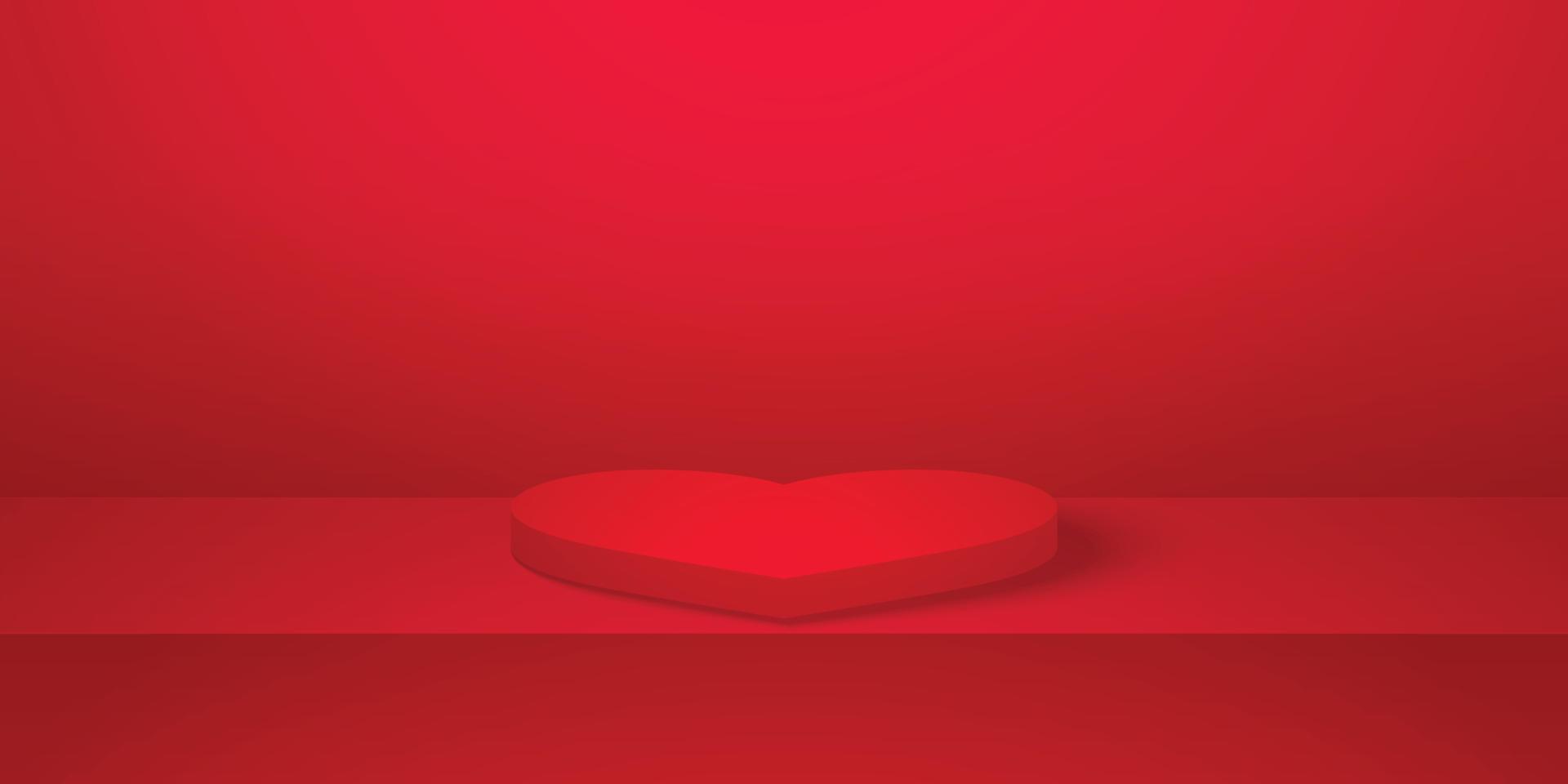 podio a forma di cuore realistico, sala studio vuota rossa, sfondo del prodotto, modello mock up per la visualizzazione, giorno di san valentino, podio a forma di cuore realistico a forma geometrica vettore