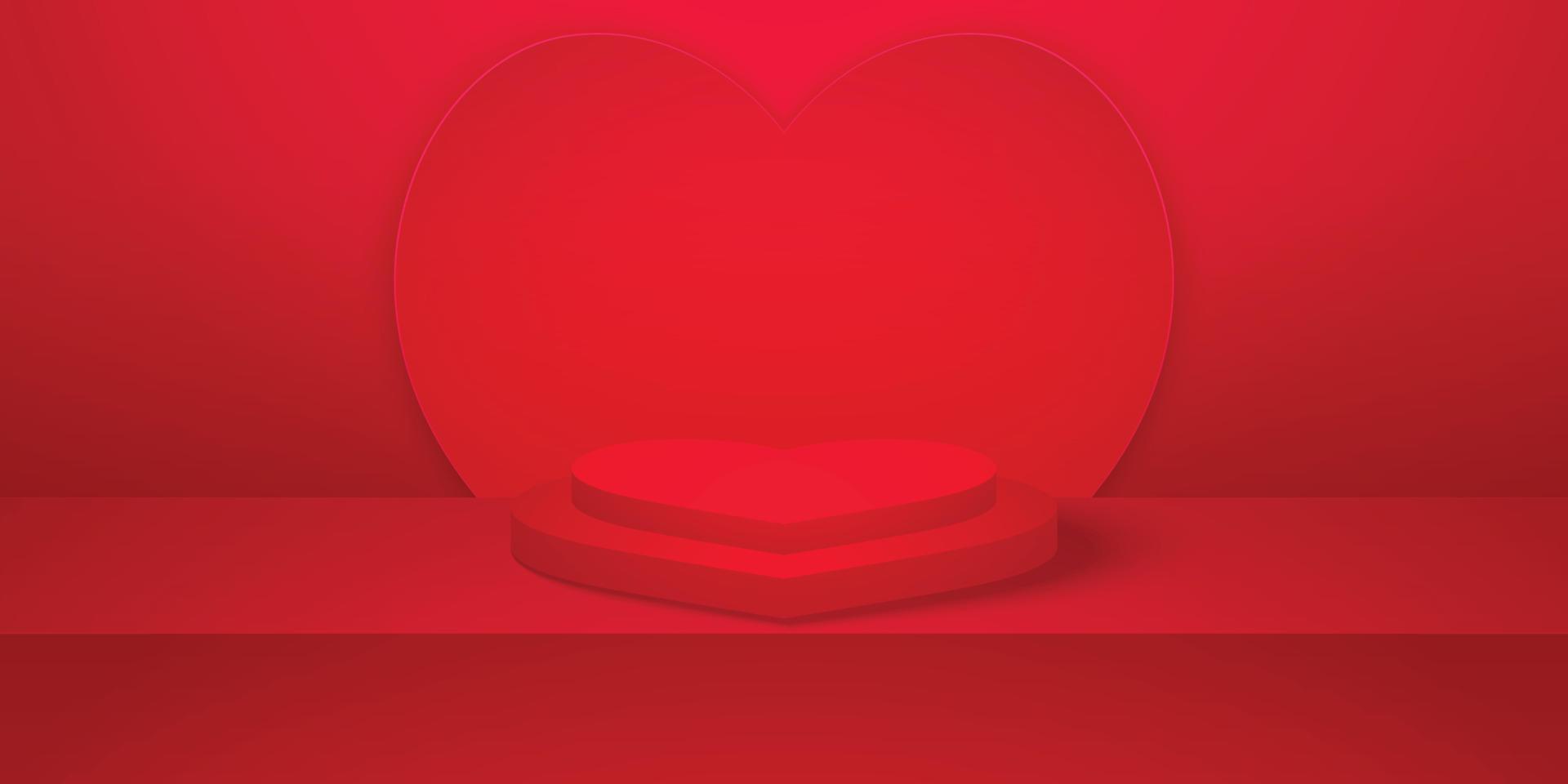 concetto di amore, podio o piedistallo a forma di cuore realistico con sala studio vuota rossa, sfondo del cuore del prodotto minimo, modello mock up per la visualizzazione, giorno di San Valentino vettore