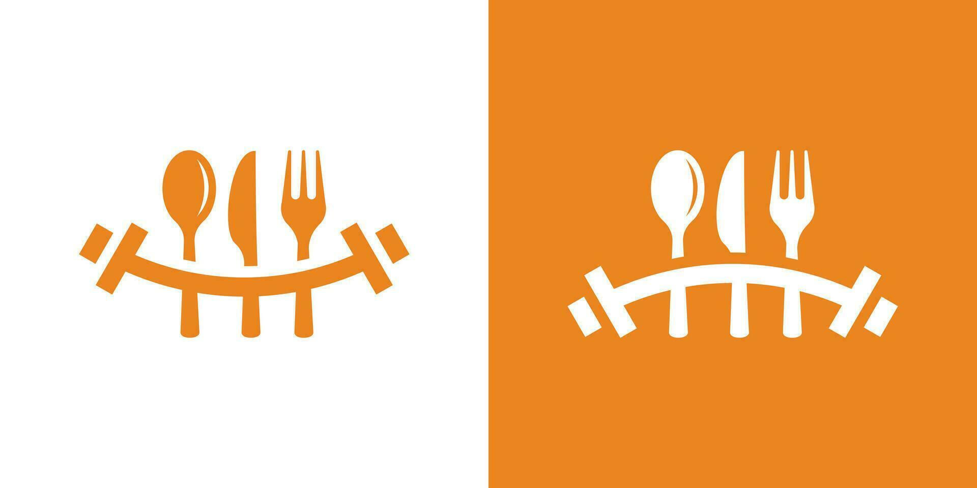 logo design combinando il forma di un' fitness manubrio con mangiare attrezzatura. fitness cibo. vettore