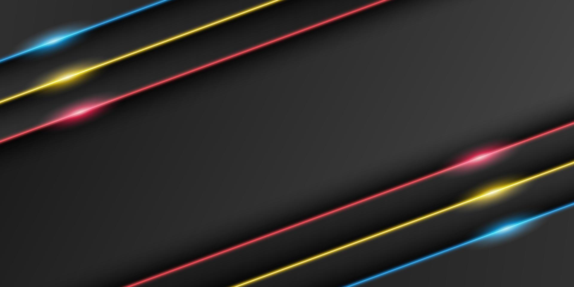 sfondo cornice nera metallizzata astratta, strato di sovrapposizione triangolare con linea di luce rossa, gialla, blu, forma diagonale, design minimale scuro con spazio di copia, illustrazione vettoriale
