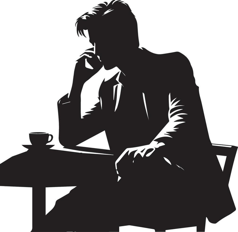 un' uomo seduta a un' tavolo parlando su un' cellula Telefono vettore silhouette illustrazione 9
