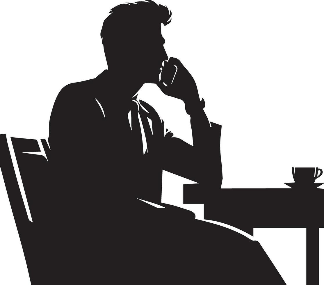 un' uomo seduta a un' tavolo parlando su un' cellula Telefono vettore silhouette illustrazione
