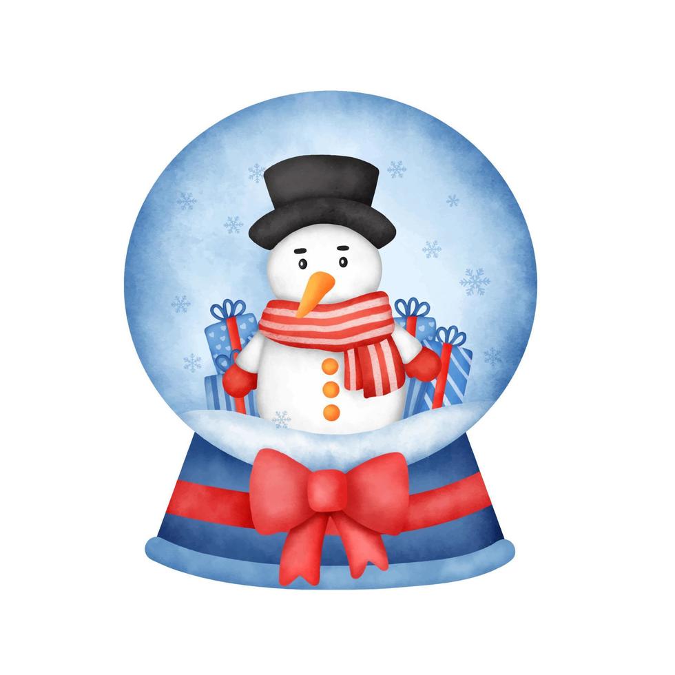 globo di neve di natale ad acquerello con un simpatico pupazzo di neve. vettore