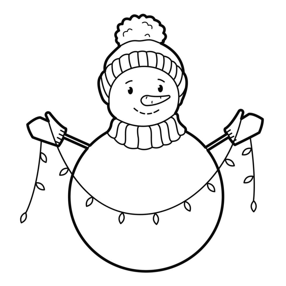 carino pupazzo di neve con ghirlanda. nero bianca schema illustrazione. adatto per anti stress e figli di colorazione libri vettore
