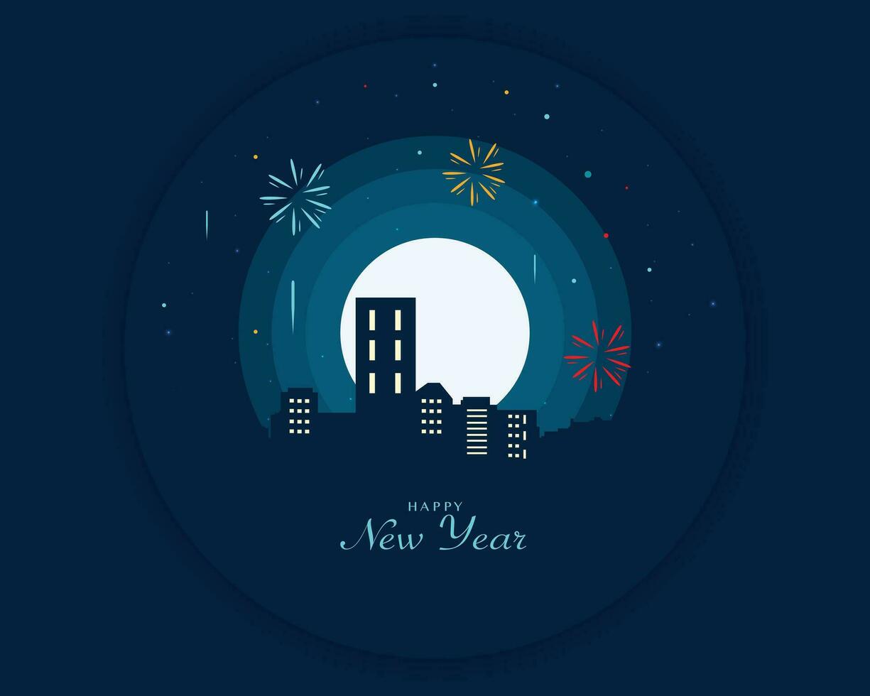 contento nuovo anno nel notte con città silhouette e fuoco d'artificio vettore