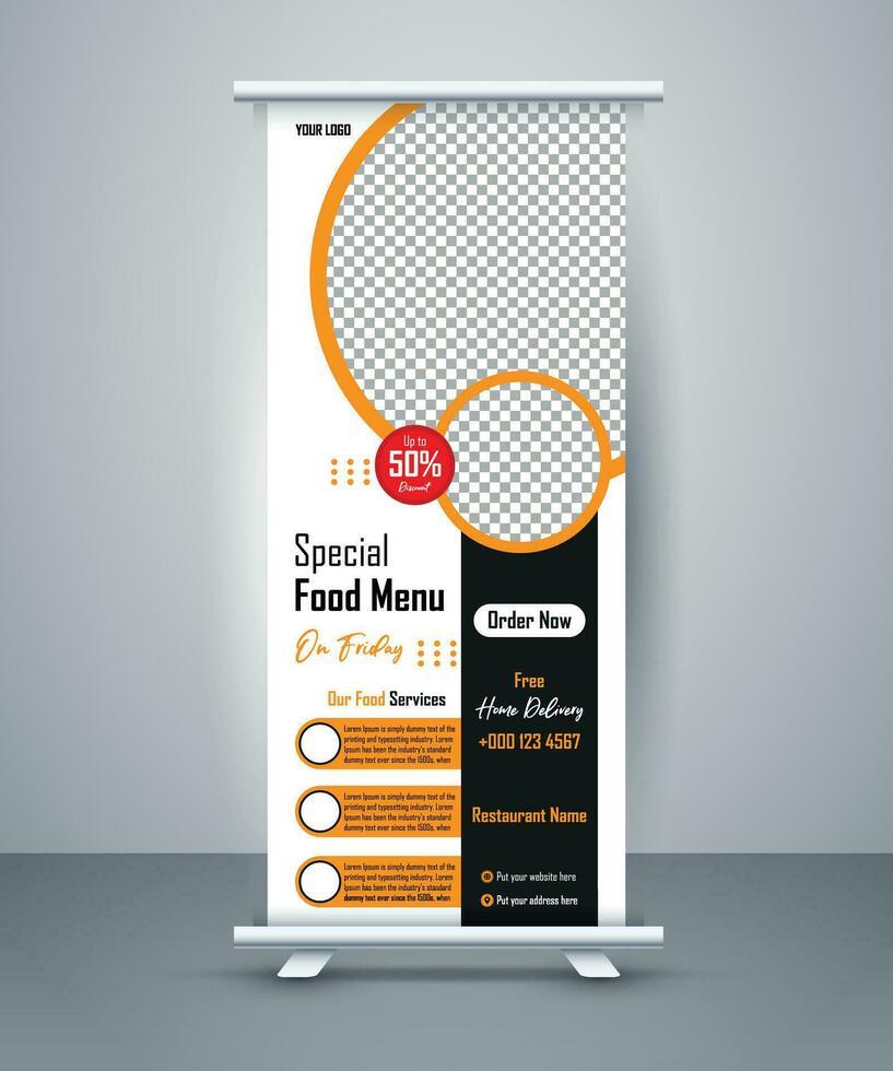 cibo e ristorante roll up banner modello di progettazione vettore