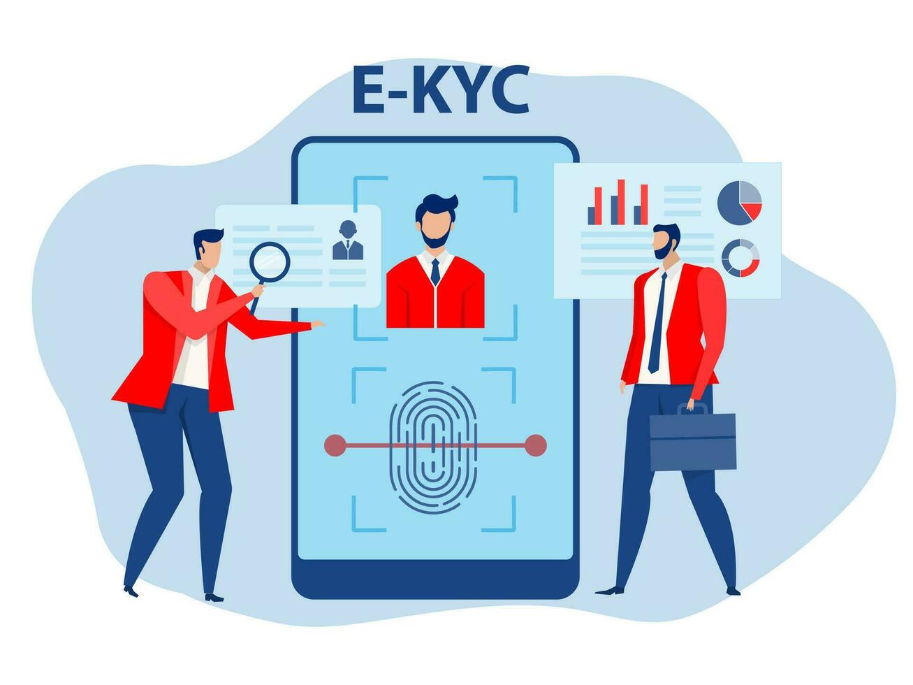 kyc o conosci il tuo cliente con gli affari verificando l'identità del suo concetto di clienti presso i futuri partner attraverso un illustratore vettoriale di lente di ingrandimento