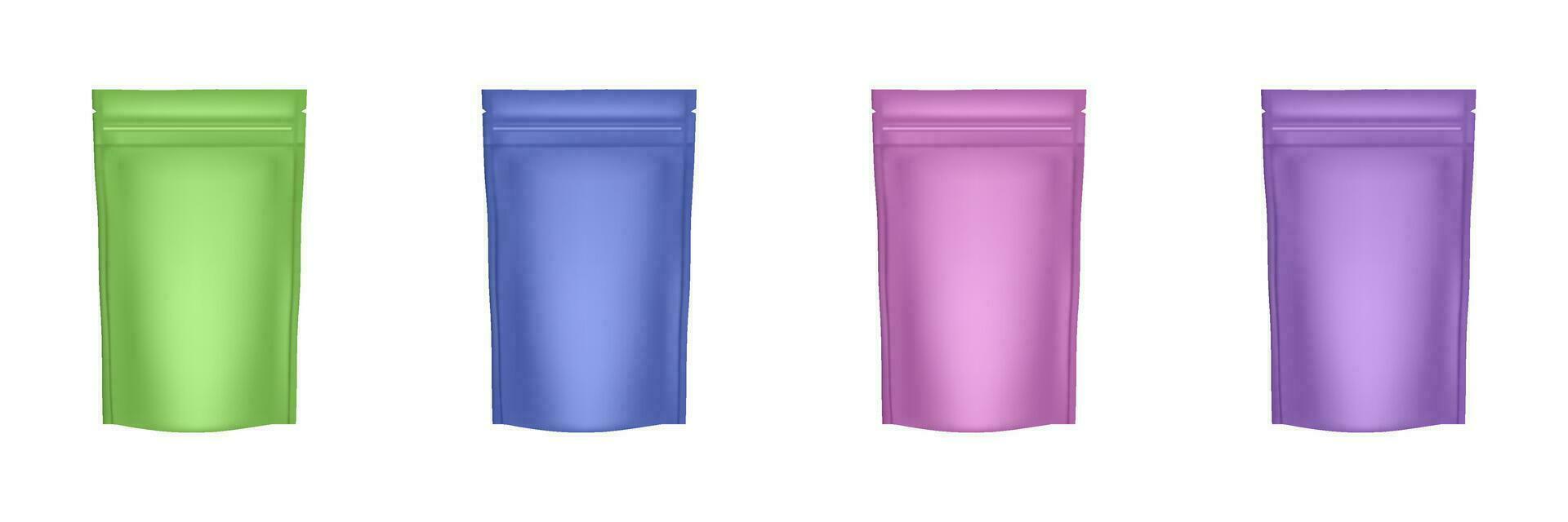 impostato di 4 realistico cerniera lampo pacchetto. flessibile fai pacchetto. verde, blu, viola e viola Foglio borse. plastica bustina marsupio per caffè, caramella, baracca o noccioline. cerniera cibo Borsa. fai pacchetto. vettore illustrazione