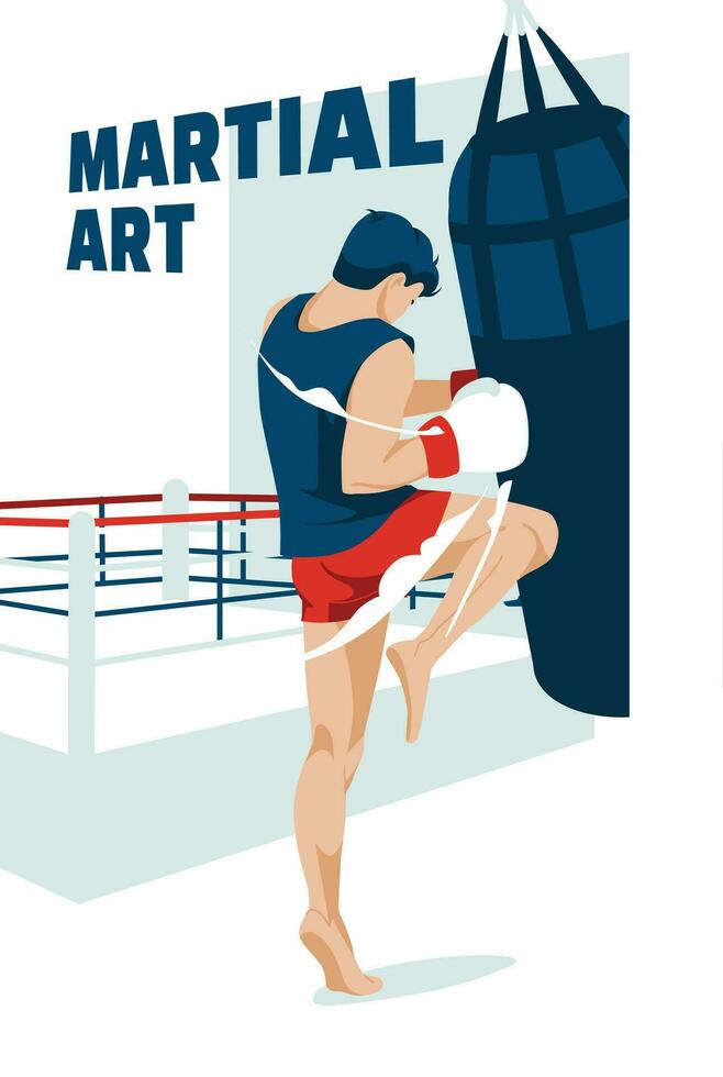 un' giovane uomo pugni contro il sfondo di un' boxe squillo. gli sport gare, Hobby e studi. marziale arte. vettore piatto illustrazione
