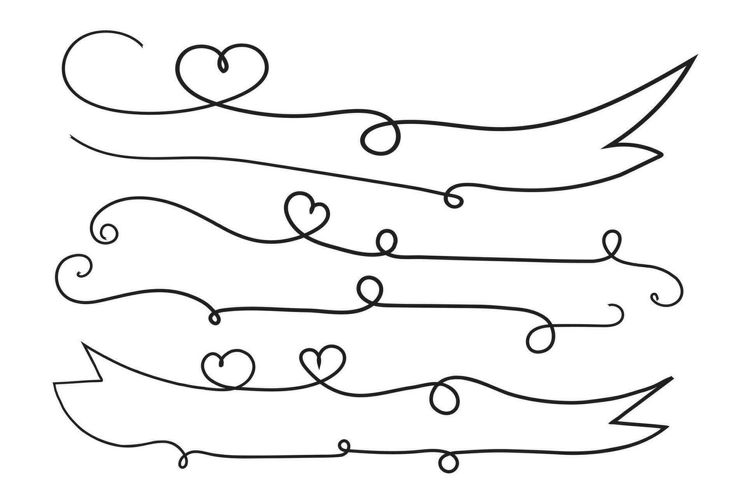 san valentino giorno Riccio cuori stile calligrafia schema nastro, mano disegno calligrafico cuore nastro vettore striscione, decorativo cuori romantico amore testo striscione, cuore scorrere linea schema nastro