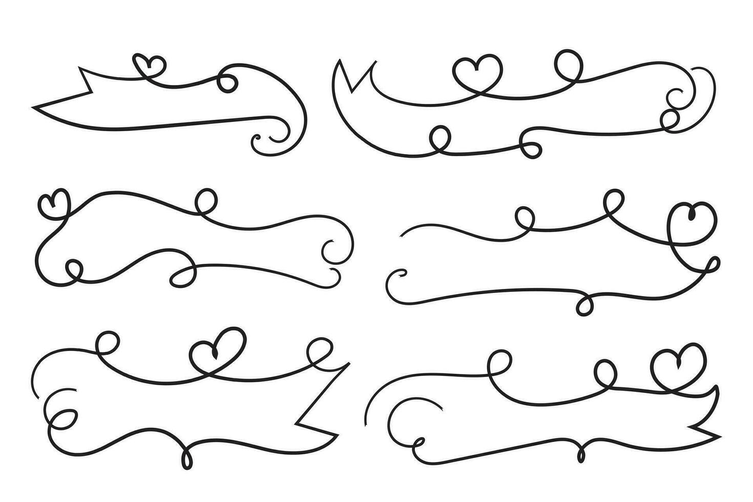 san valentino giorno Riccio cuori stile calligrafia schema nastro, mano disegno calligrafico cuore nastro vettore striscione, decorativo cuori romantico amore testo striscione, cuore scorrere linea schema nastro