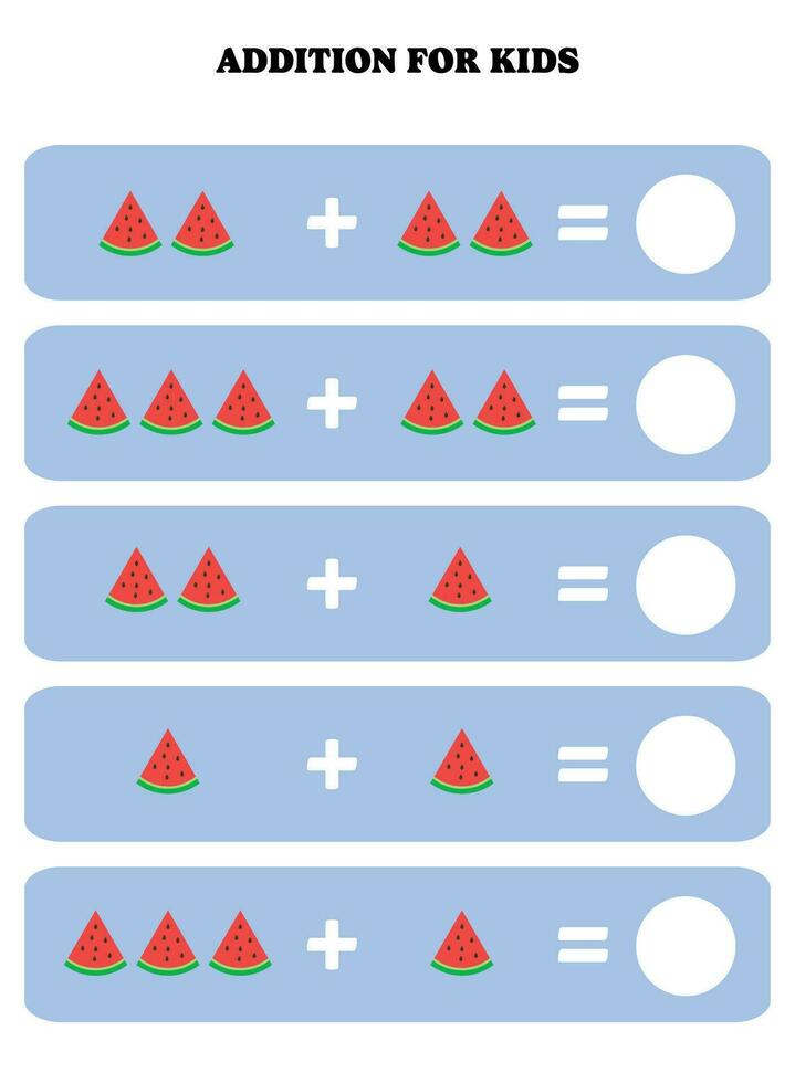 aggiunta pagina per bambini. educativo matematica gioco per bambini con anguria fetta. stampabile foglio di lavoro design. apprendimento matematico. vettore