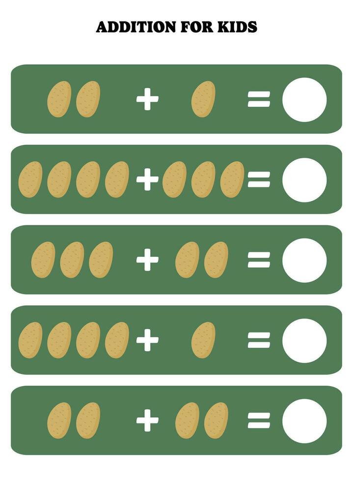 aggiunta pagina per bambini. educativo matematica gioco per bambini con Patata. stampabile foglio di lavoro design. apprendimento matematico. vettore