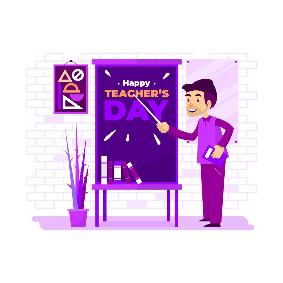 l'insegnante sta insegnando mentre sorride davanti alla lavagna. il design può essere utilizzato per poster, banner, biglietti di auguri o social media vettore