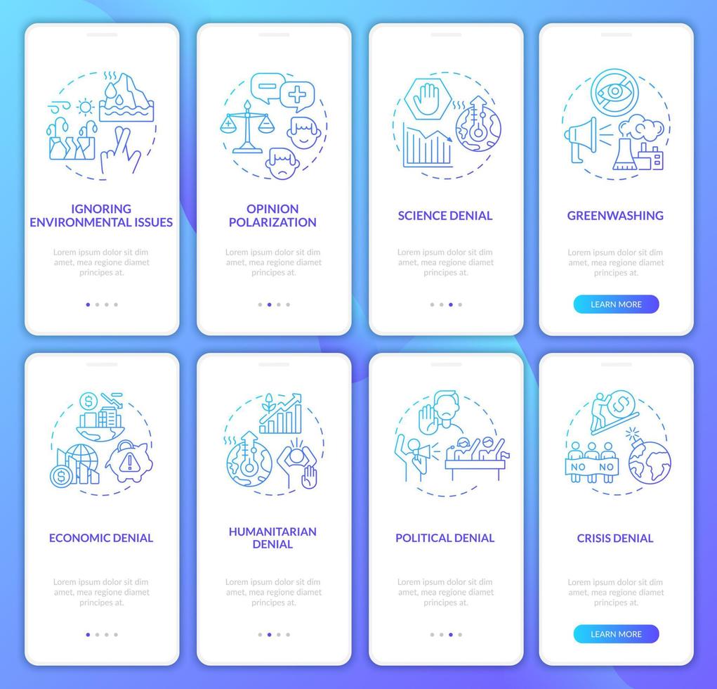 set di schermate della pagina dell'app mobile onboarding gradiente di scetticismo climatico vettore