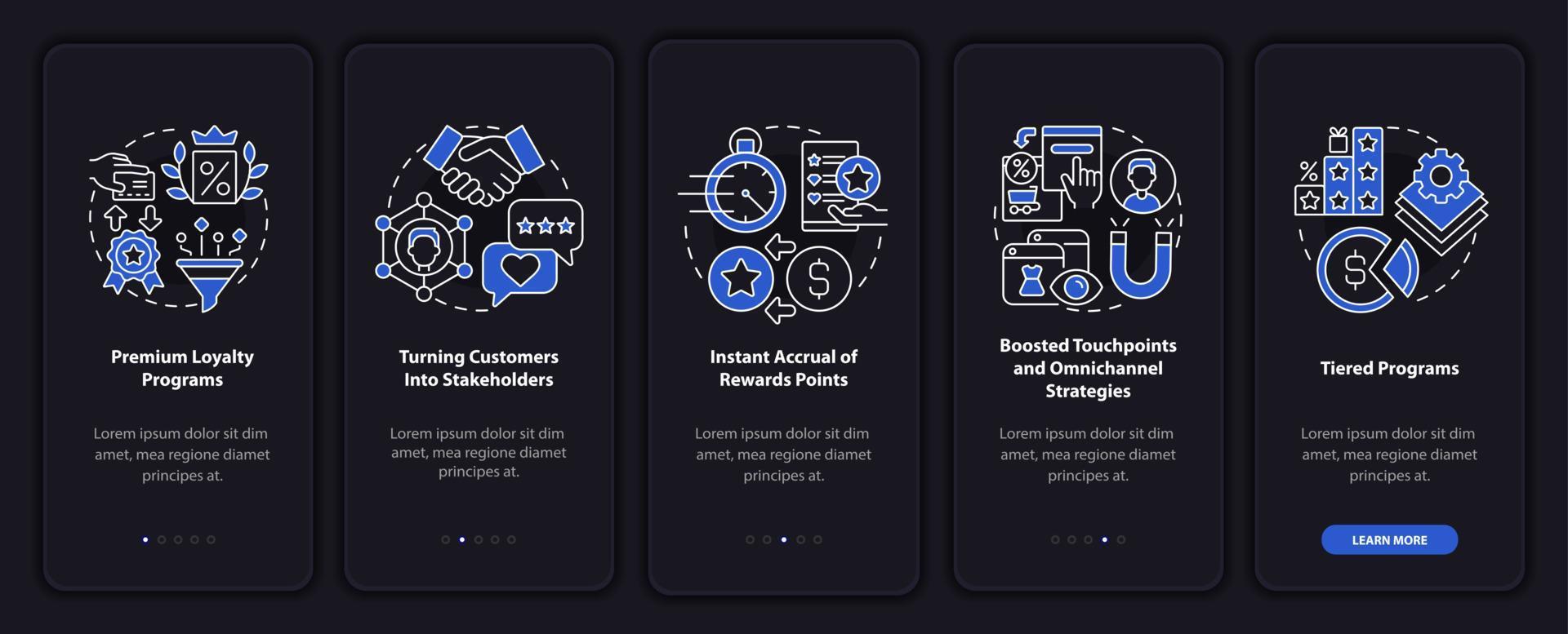 schermata della pagina dell'app mobile dark onboarding del programma fedeltà vettore