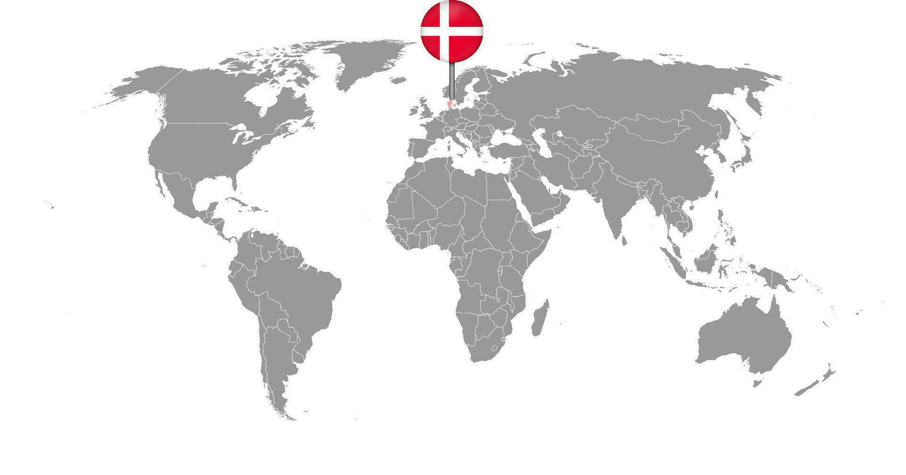 mappa pin con bandiera danimarca sulla mappa del mondo. illustrazione vettoriale. vettore