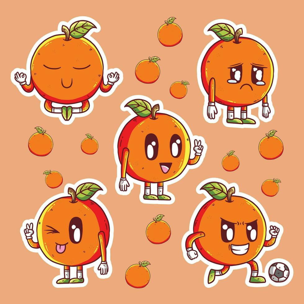 carino cartone animato vettore illustrazione di adorabile arancia frutta portafortuna imposta. arancia frutta portafortuna personaggio impostare. arancia vettore impostare.