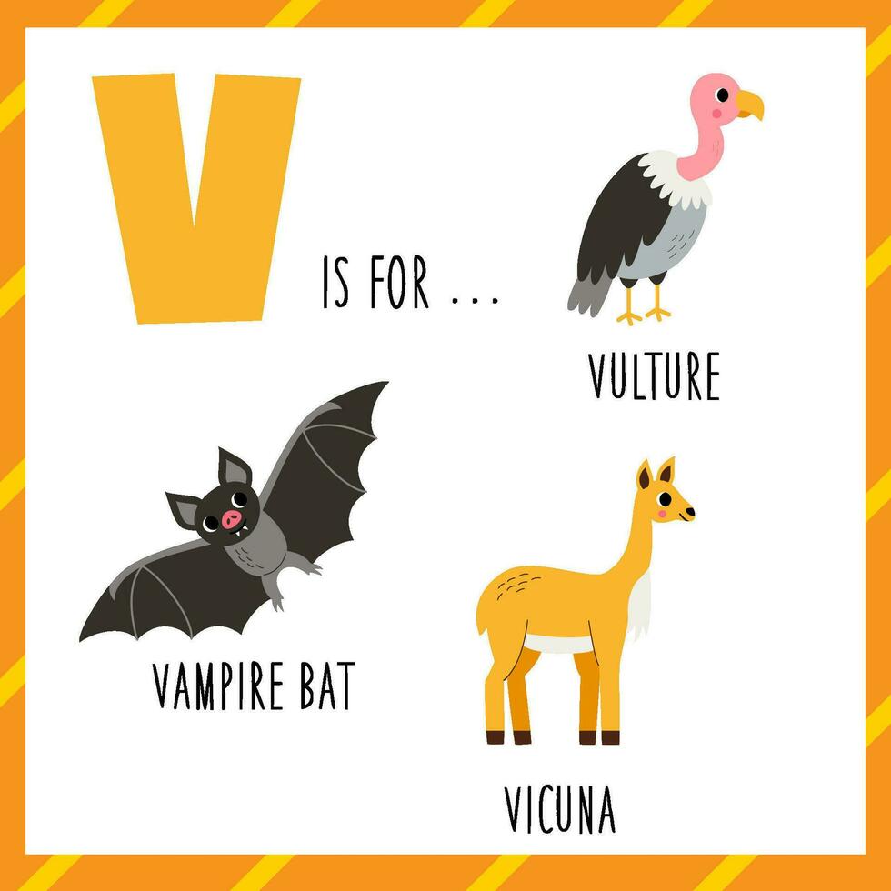 apprendimento inglese alfabeto per bambini. lettera v. carino cartone animato avvoltoio, vampiro pipistrello, vigogna. vettore