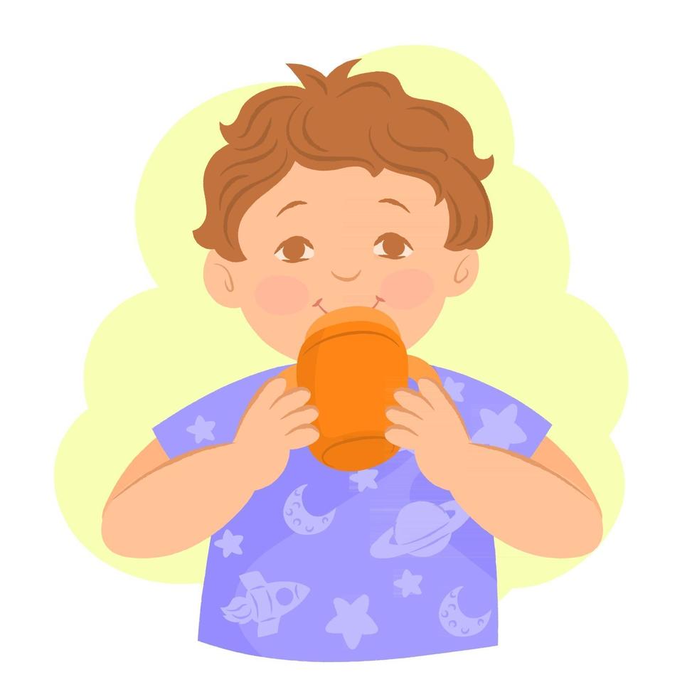 bambino in maglietta viola, usando la sua tazza sippy vettore