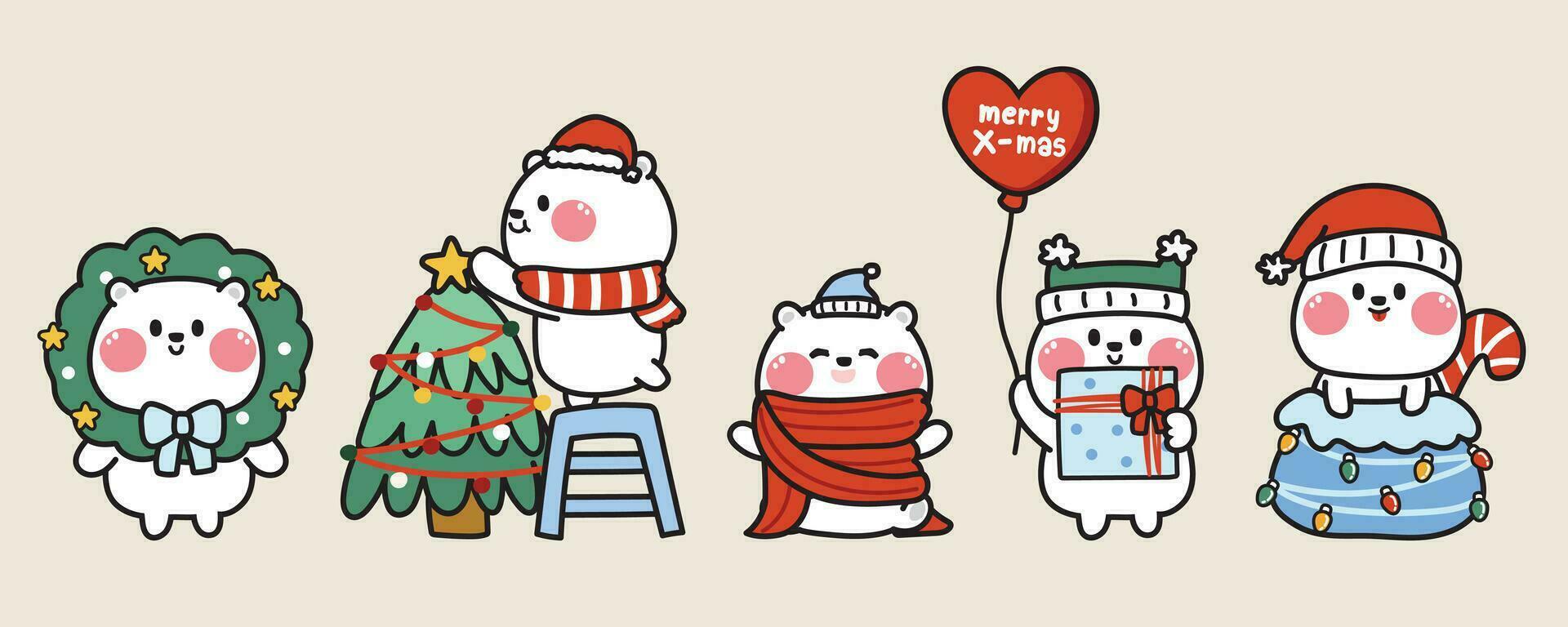 impostato di carino Coca Cola orso indossare Santa cappello nel vario pose.teddy mano disegnato.allegro Natale concetto.animale personaggio cartone animato design collezione.inverno.nuova anno.kawaii.vettore.illustrazione. vettore