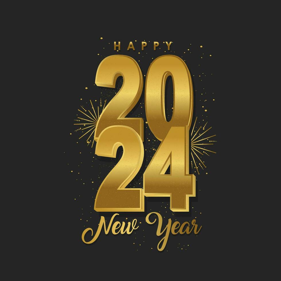 2024 contento nuovo anno saluto carta vettore modello. d'oro numeri con coriandoli realistico illustrazione su nero sfondo.
