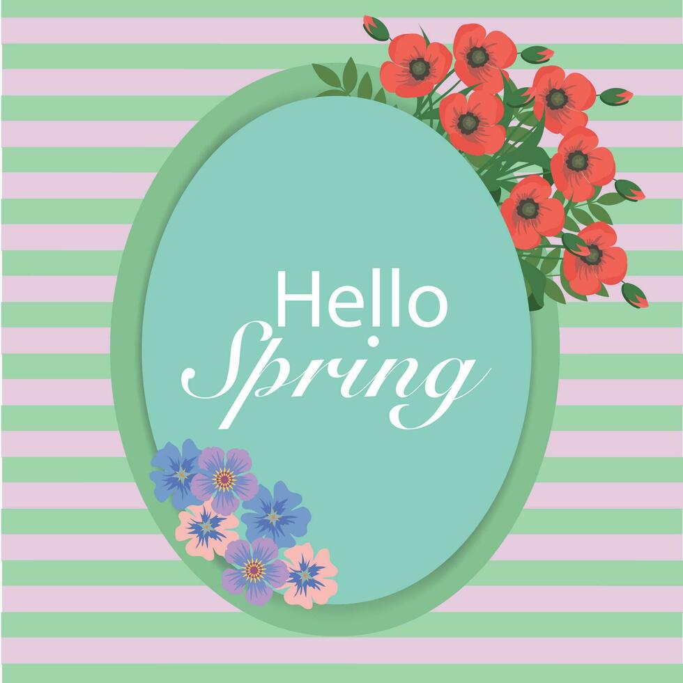 Ciao primavera. Ciao primavera bandiera con il giro telaio e vario fiore su verde sfondo. primavera sfondo, coperchio, vendita striscione, aviatore design. modello per pubblicità, ragnatela, sociale media vettore