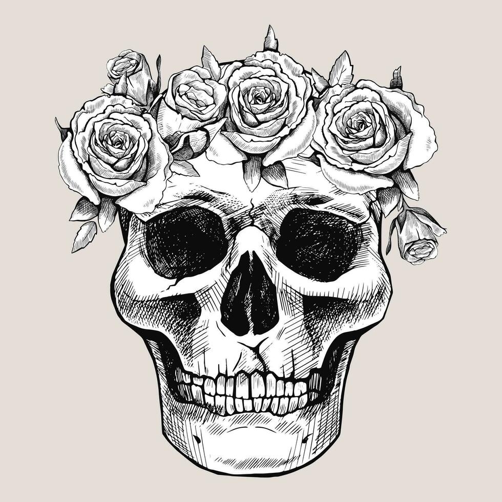 mano disegnato cranio nel un' ghirlanda di fiori. vettore grafico illustrazione. il giorno di il morto.