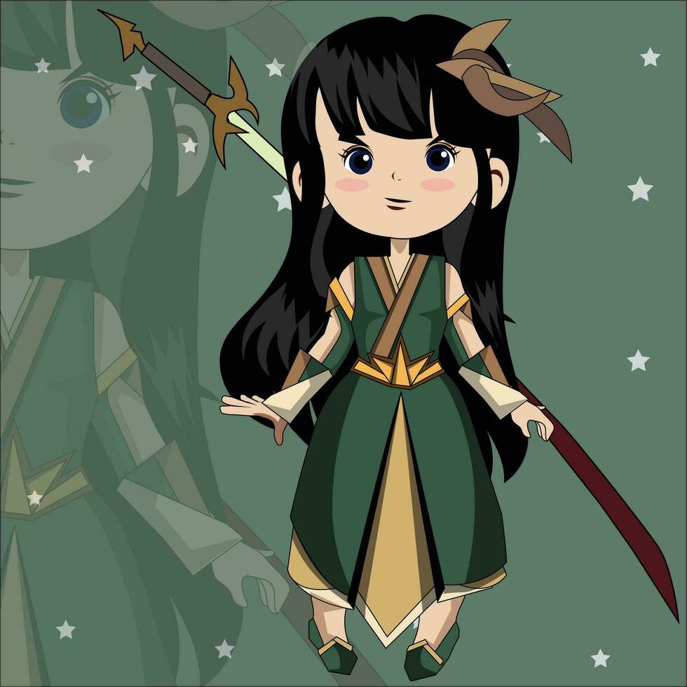un' cartone animato personaggio con lungo nero capelli e verde vestito vettore