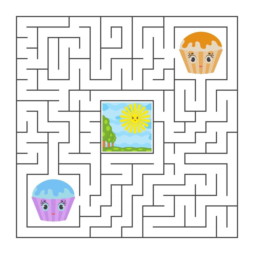 labirinto astratto quadrato isolato. colore nero su fondo bianco. con simpatici cartoni animati. un gioco interessante per bambini e adulti. semplice illustrazione vettoriale piatto.